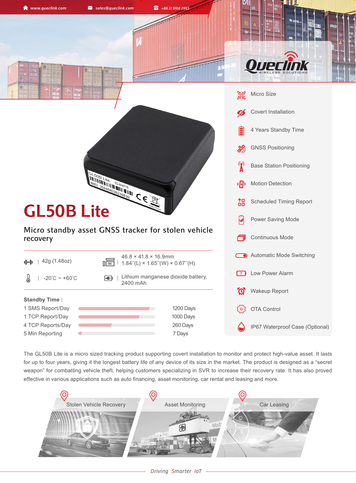 Queclink GL50B Lite Micro Standby Asset Tracker Spec Sheet | Manualzz