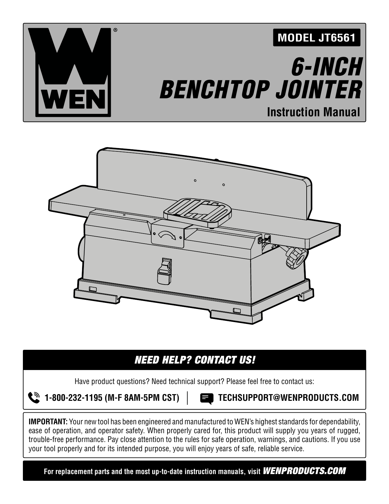 WEN JT6561 10Amp 6Inch Corded Benchtop Jointer Manual Manualzz
