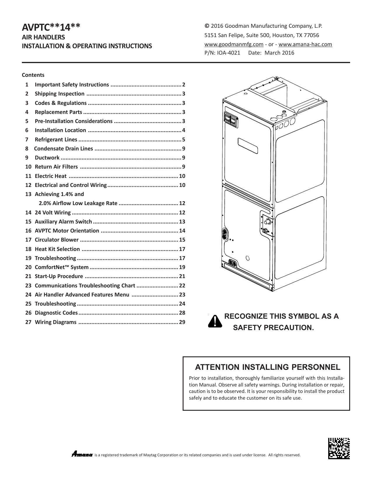 GOODMAN AVPTC37B14 AVPTC Series 3 Ton SingleStage MultiPosition 3/4