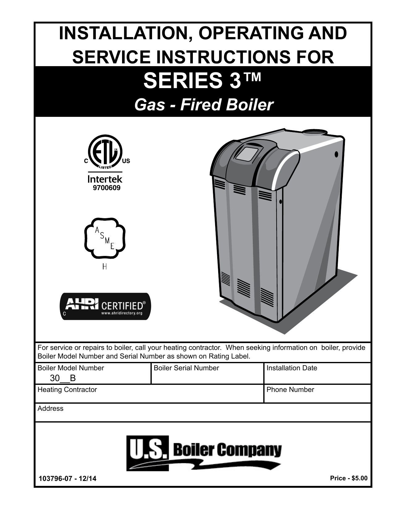 US Boiler 305BNIG Burnham® Series 3™ Gas Boiler 140 MBH Natural Gas