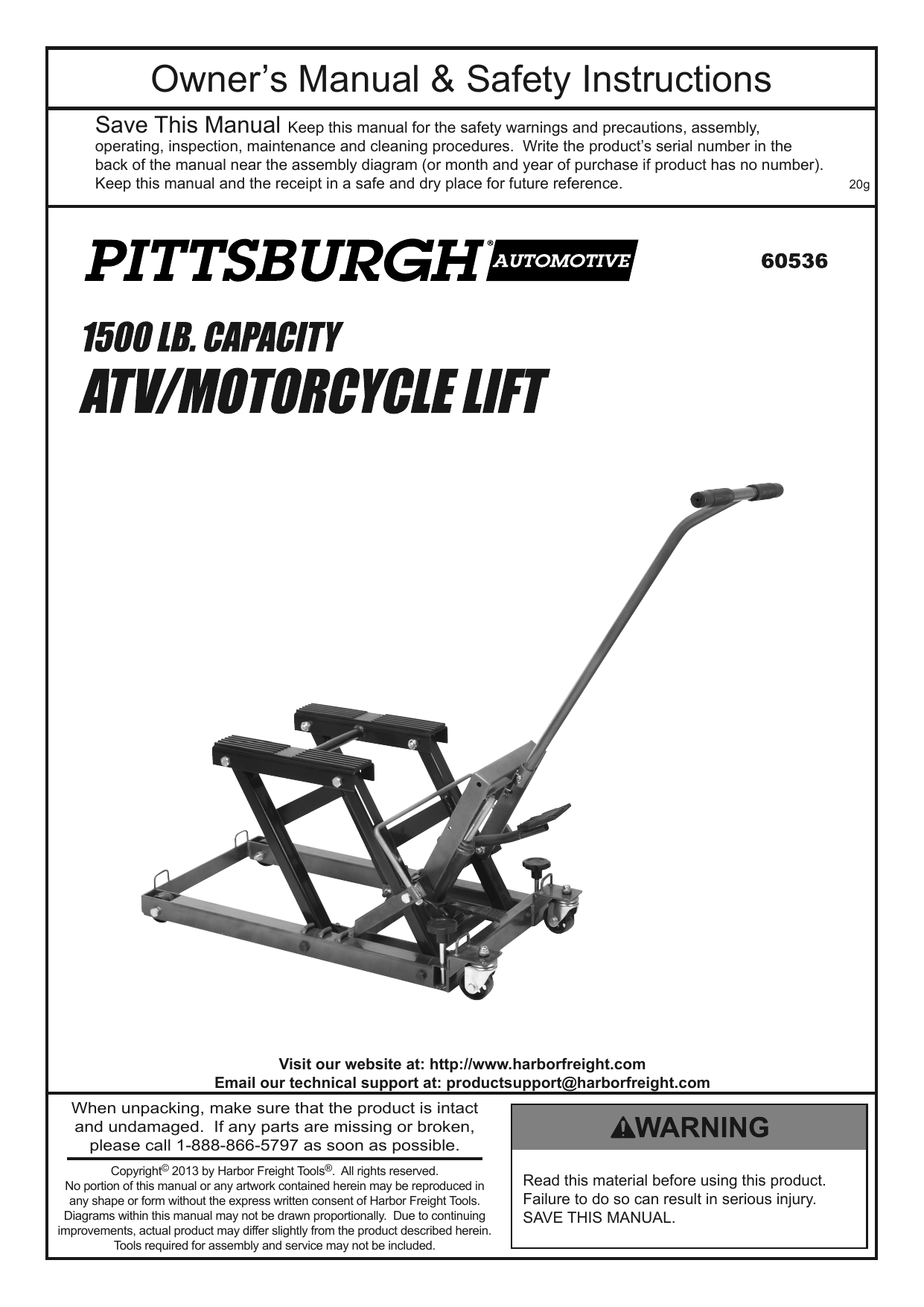 Pittsburgh Automotive 60536 1500 lb. Steel ATV/Motorcycle Lift Owner's