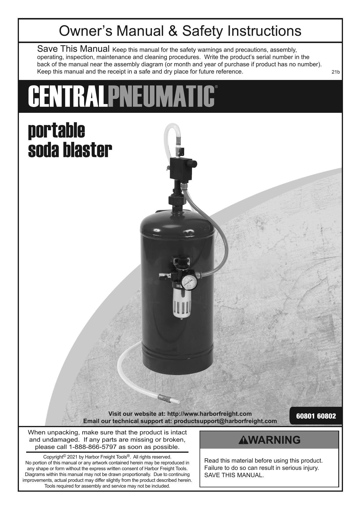Central Pneumatic 60801 40 lb. Portable Soda Blaster Owner's Manual