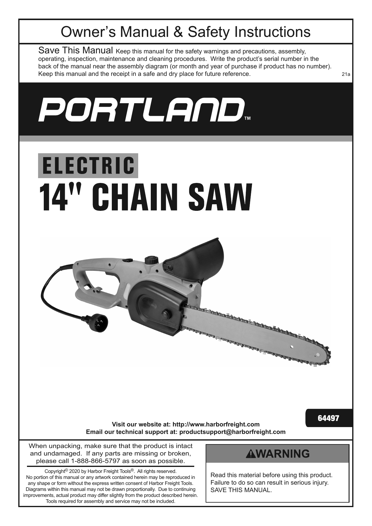 Portland 64497 9 Amp 14 in. Corded Electric Chainsaw Owner's Manual