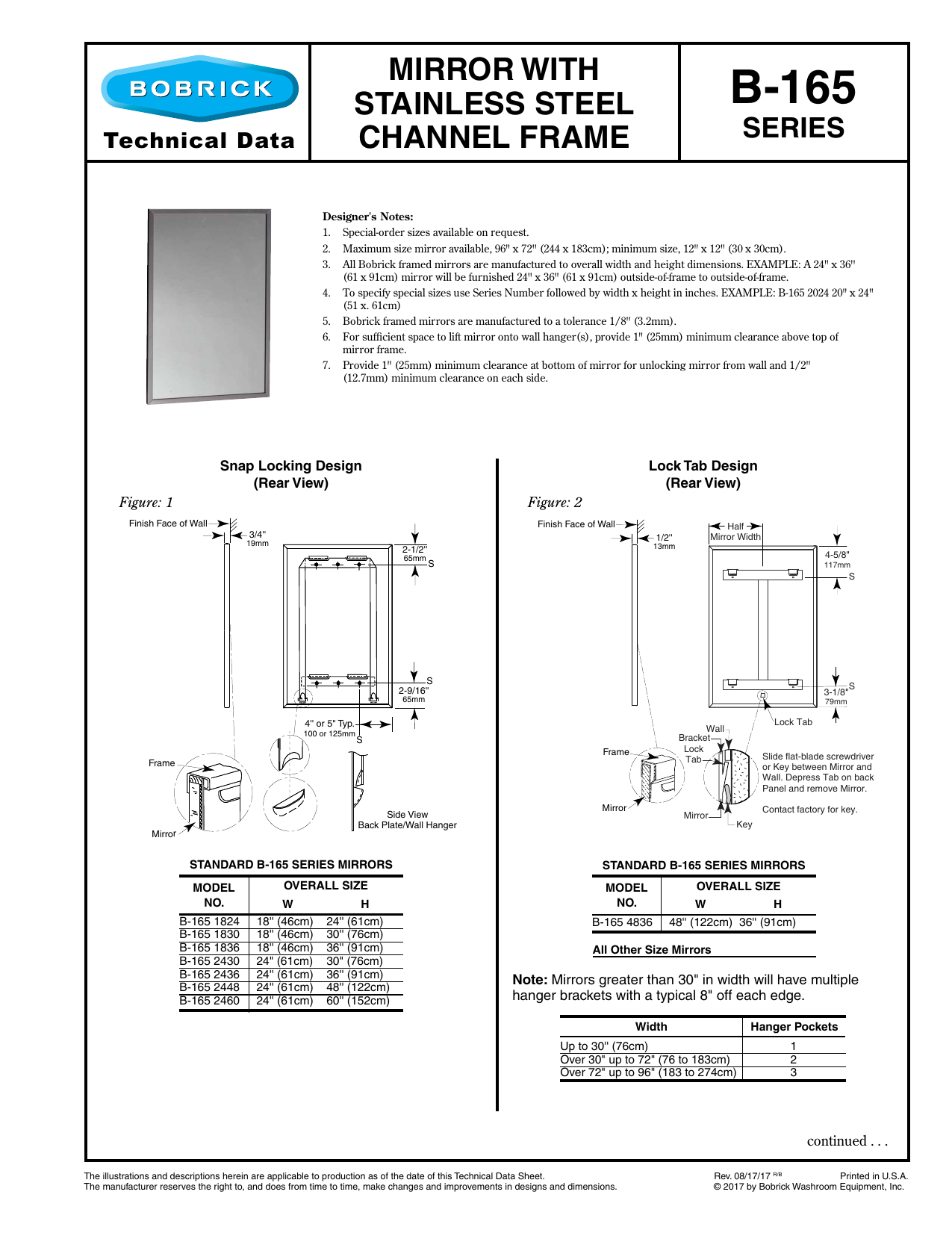 Bobrick B-165 Series Channel-Frame Technical Data Sheet