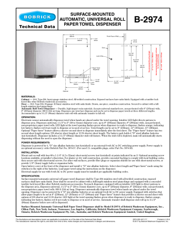 Bobrick B-2974 Surface Mounted Automatic Universal Roll Paper Towel Dispenser