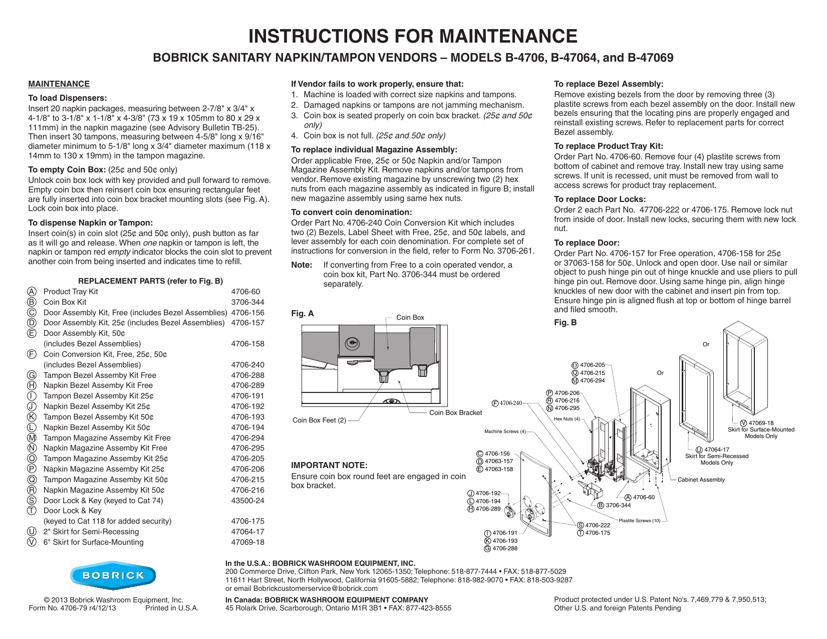 Bobrick B 4706c Recessed Napkin Tampon Vendor Free Vend Installation Instructions Manualzz