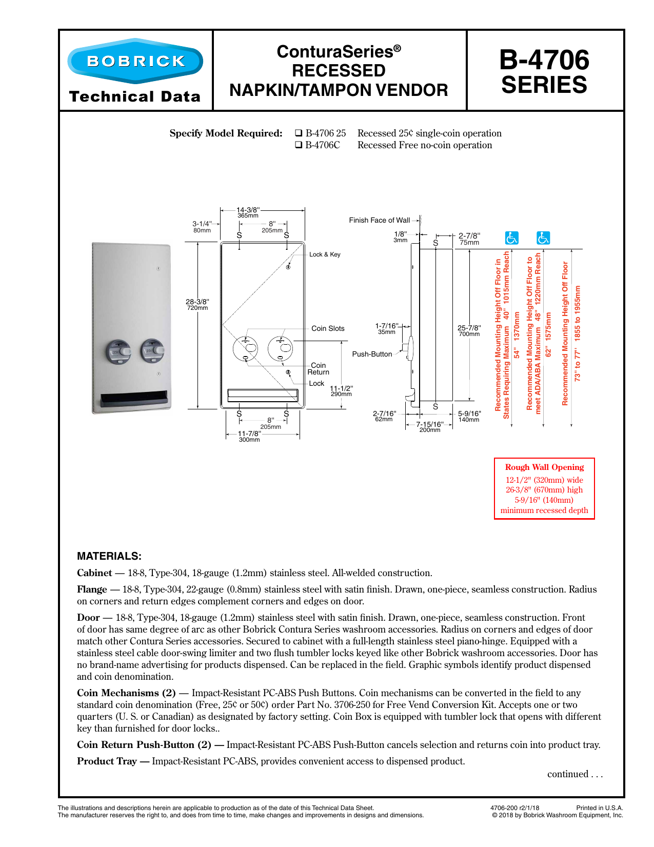 Bobrick B 4706c Recessed Napkin Tampon Vendor Free Vend Technical Data Sheet Manualzz