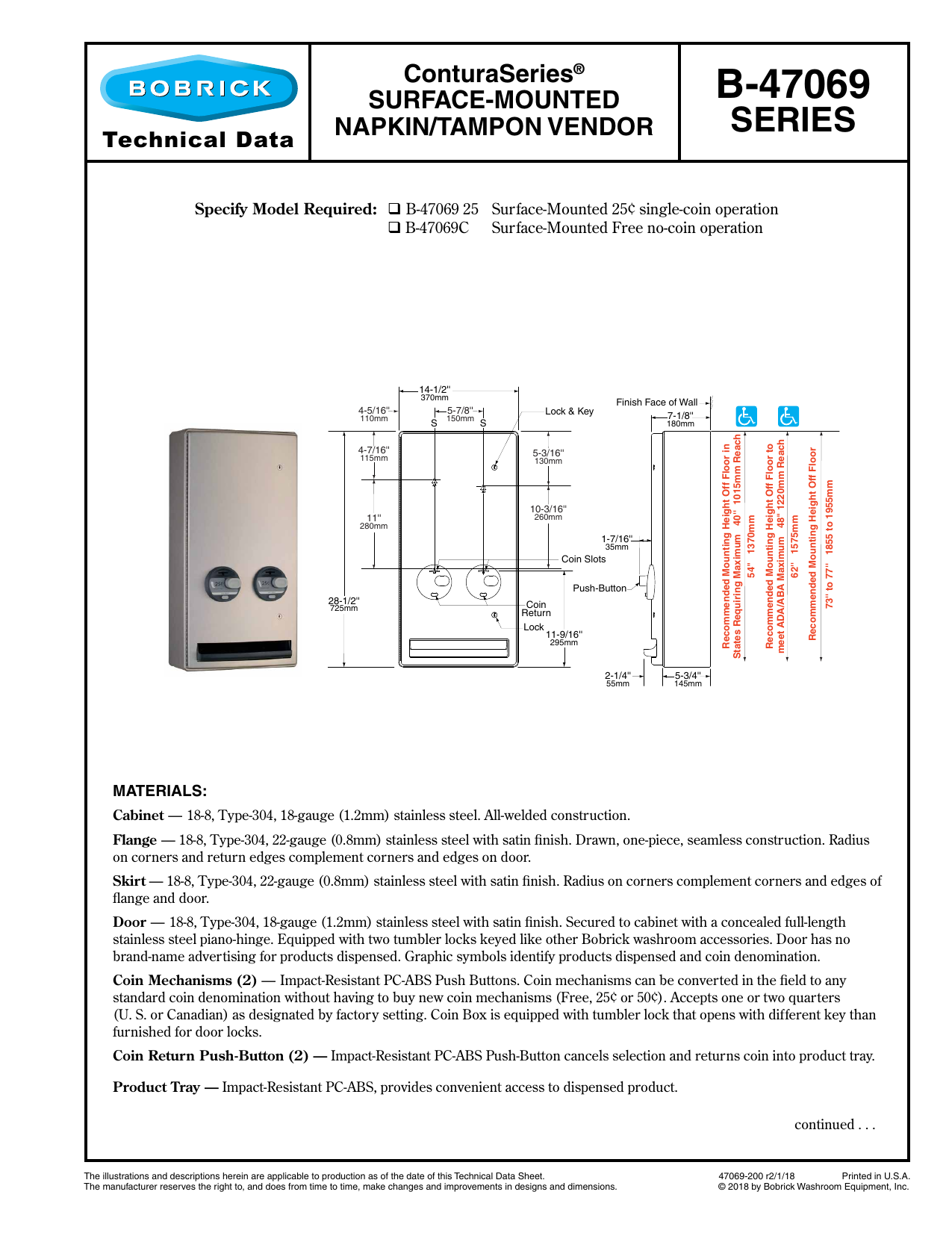 Bobrick B c Surface Mounted Napkin Tampon Vendor Free Vend Technical Data Sheet Manualzz