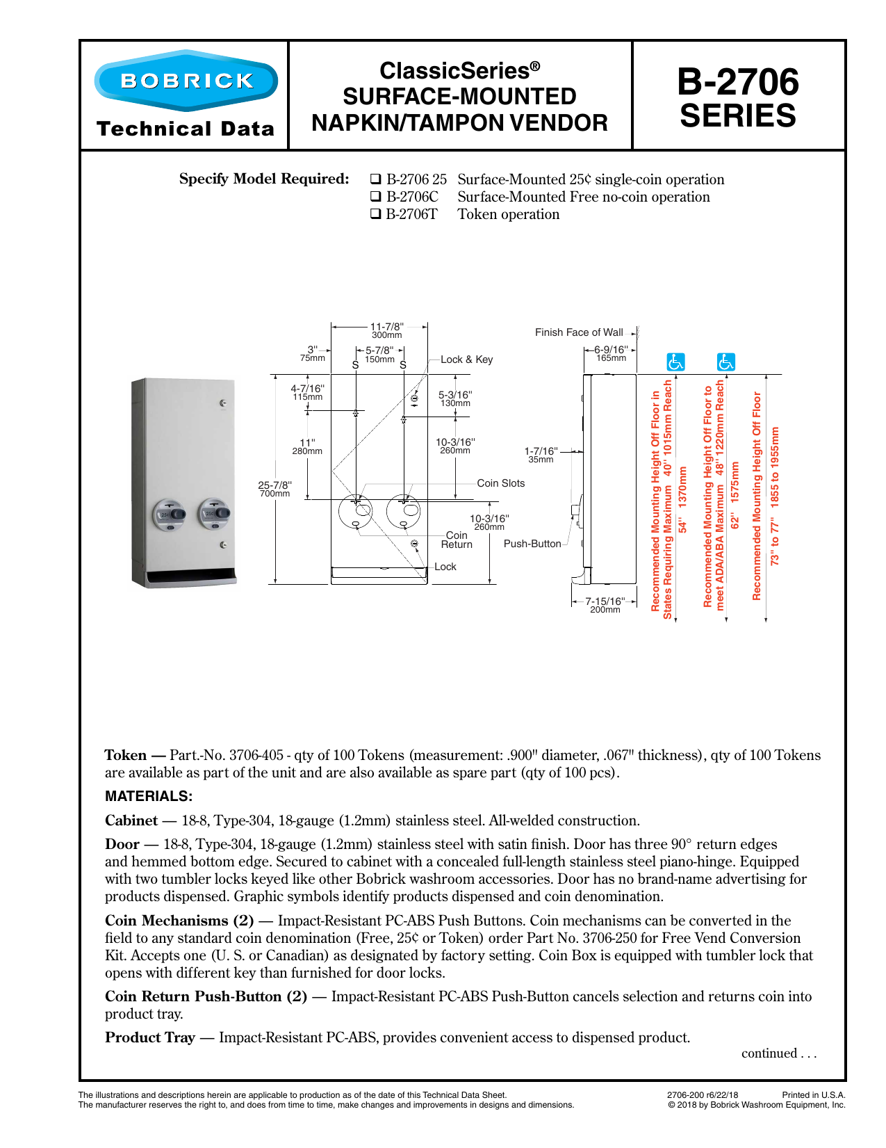 Bobrick B 2706t Surface Mounted Napkin Tampon Vendor Token Operation Technical Data Sheet Manualzz