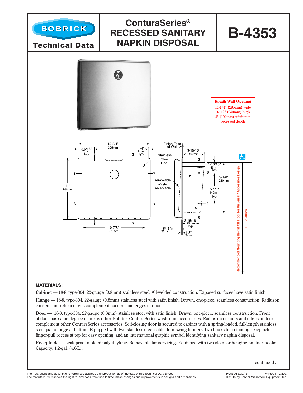 Bobrick B 4353 Recessed Sanitary Napkin Disposal Technical Data Sheet Manualzz