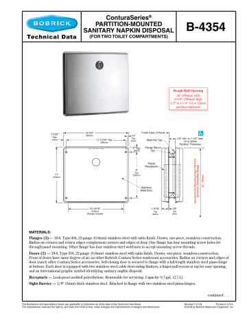 Bobrick B 4354 Partition Mounted Sanitary Napkin Disposal Technical Data Sheet Manualzz