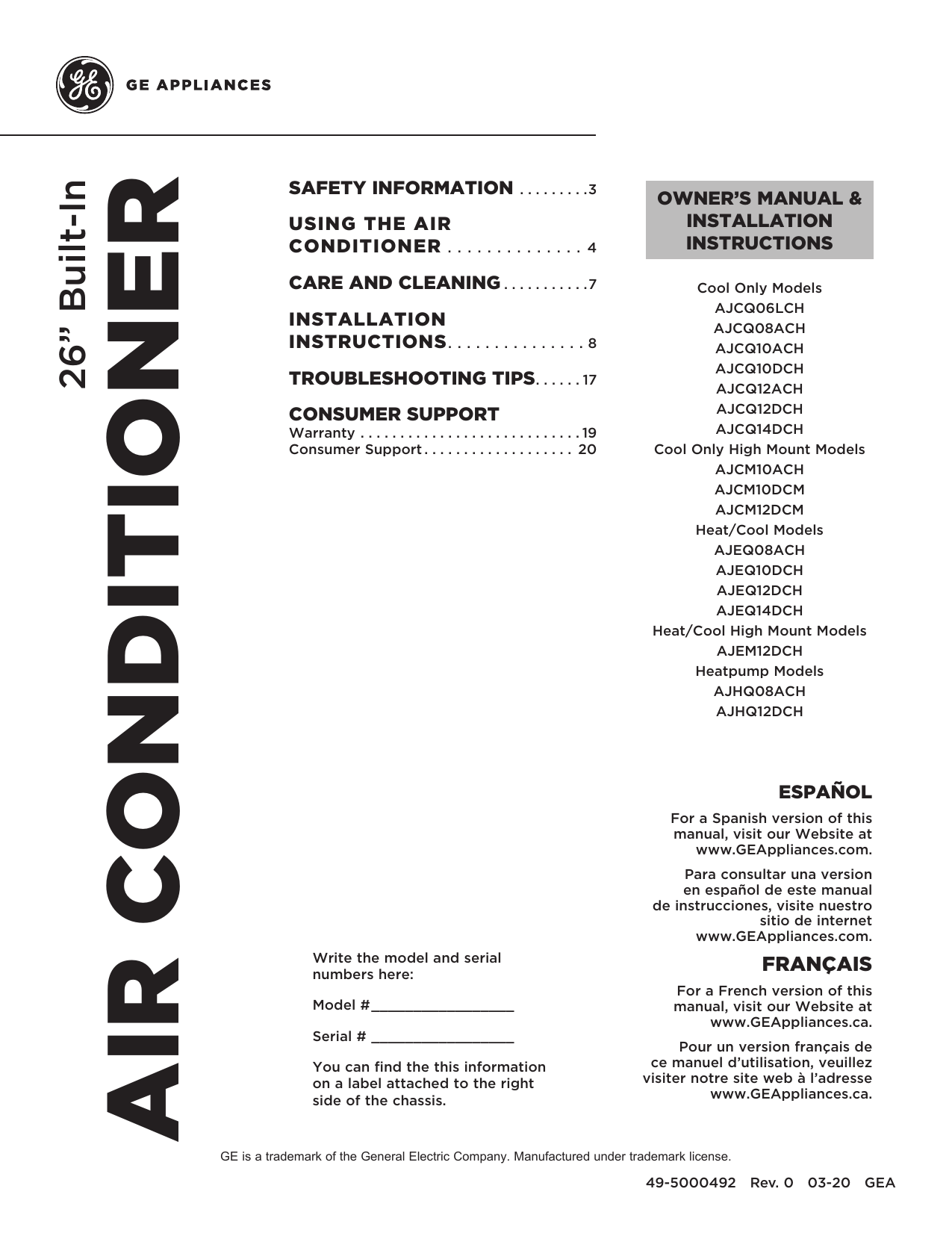 Ge Ajcm10dch Wall Air Conditioner Owner S Manual Manualzz