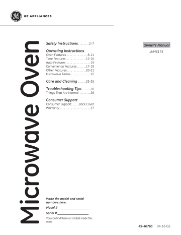 GE JVM6175YKFS 30 Inch Over the Range Microwave Oven Owner's Manual | Manualzz