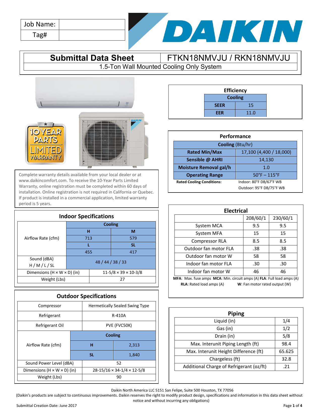 daikin 1 ton mini split specs