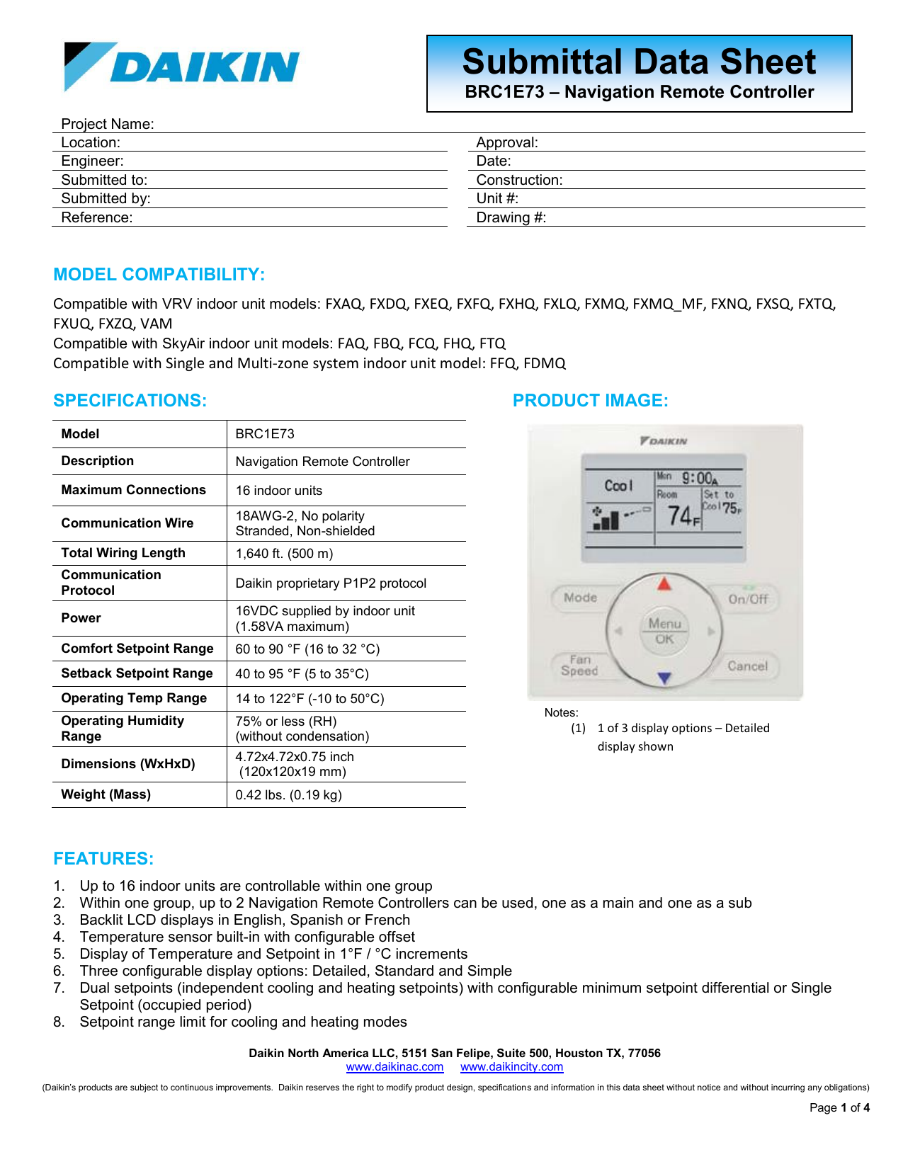 Mini Split Daikin Wired Wall Controller Thermostat BRC1E73