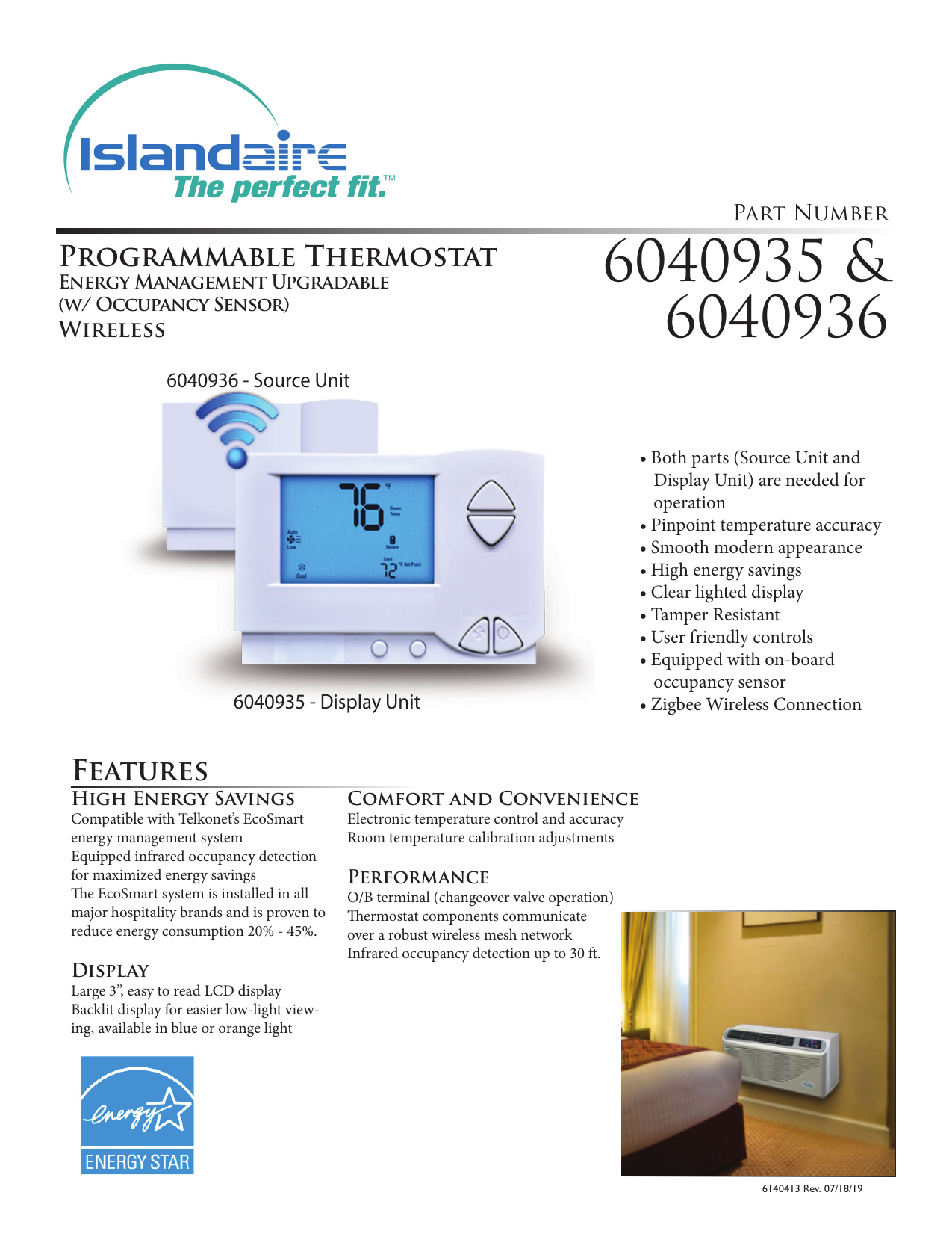 Islandaire 6040935 Wireless Wall Thermostat Spec Sheet | Manualzz