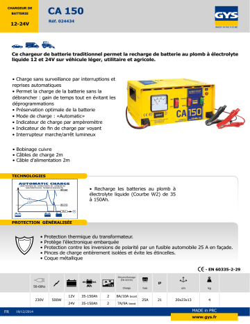 Gys - Chargeur de batterie traditionnel 12-24V 500W CA 150