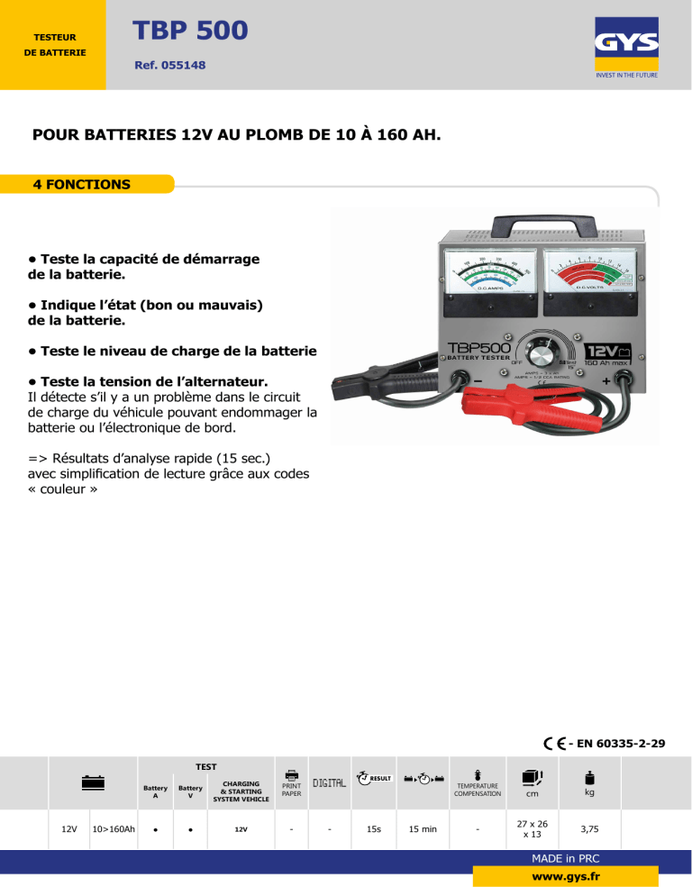 GYS BATTERY TESTER - TBP500 Datasheet | Manualzz