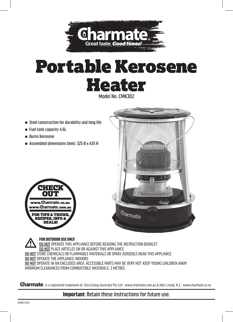 Gasmate CMK302 CHARMATE PORTABLE KERO HEATER Owner's Manual | Manualzz