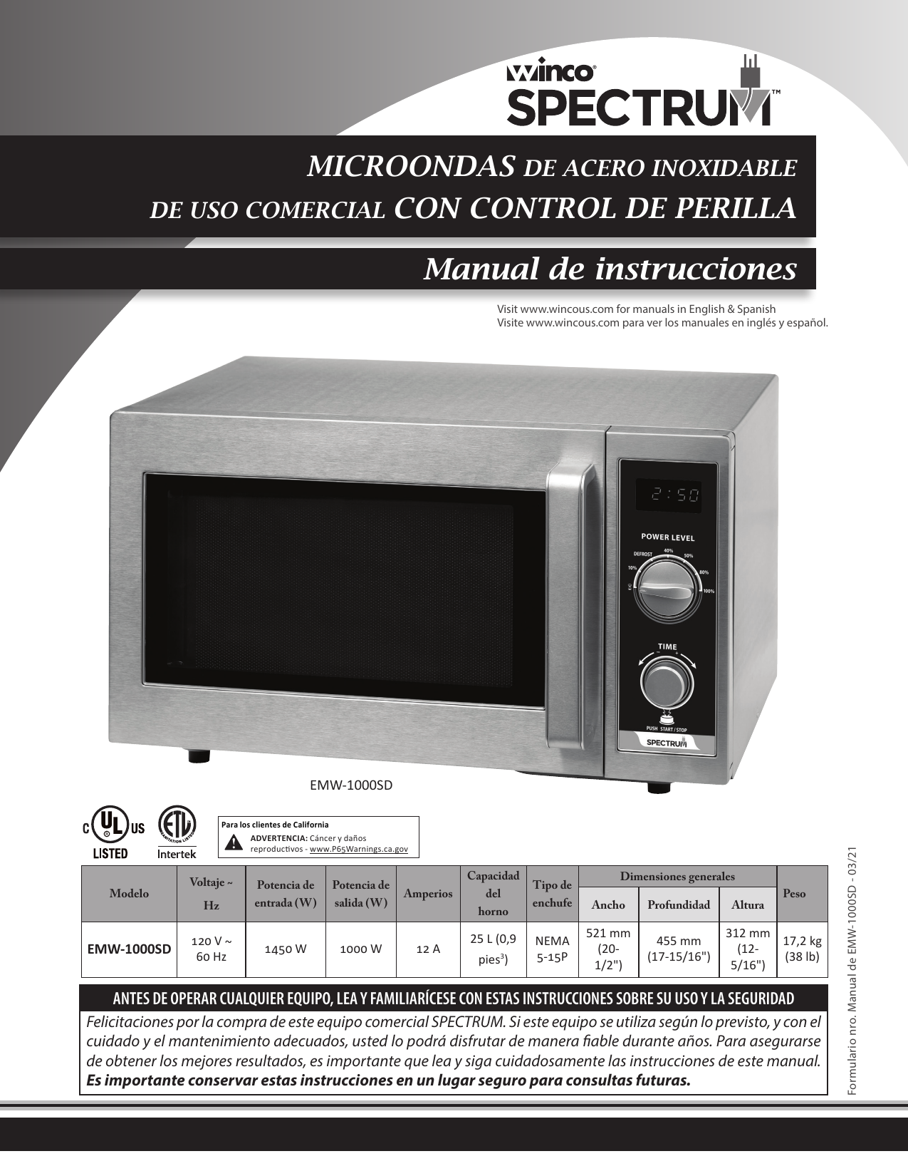 Winco EMW1000SD Spectrum™ Dial Control Commercial Microwave, 1000W
