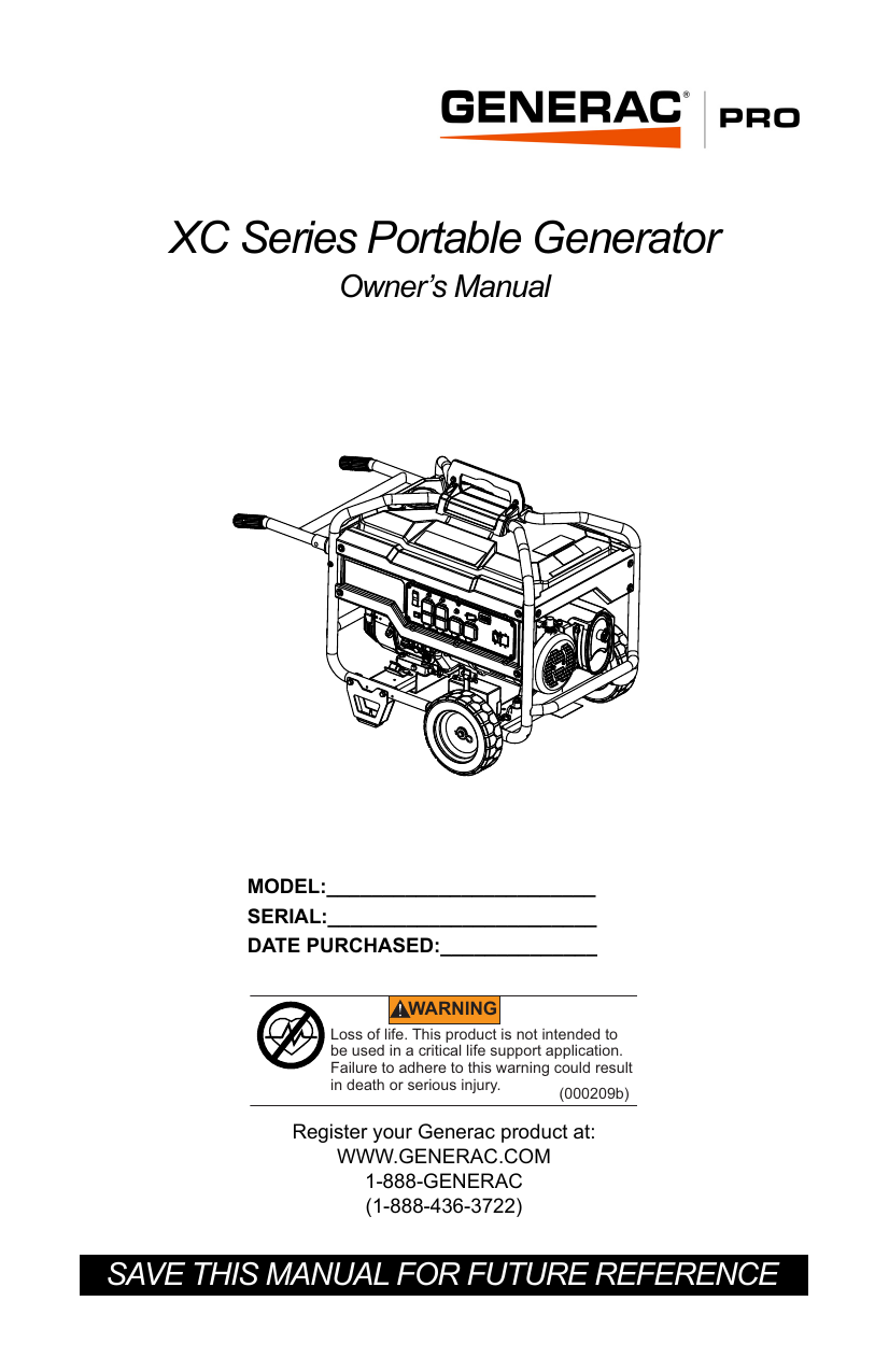 Generac XC6500 G0068230 Portable Generator Manuel utilisateur | Manualzz