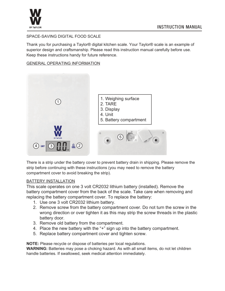 Weight Watchers by Taylor® SpaceSaving Digital Food Scale Operating