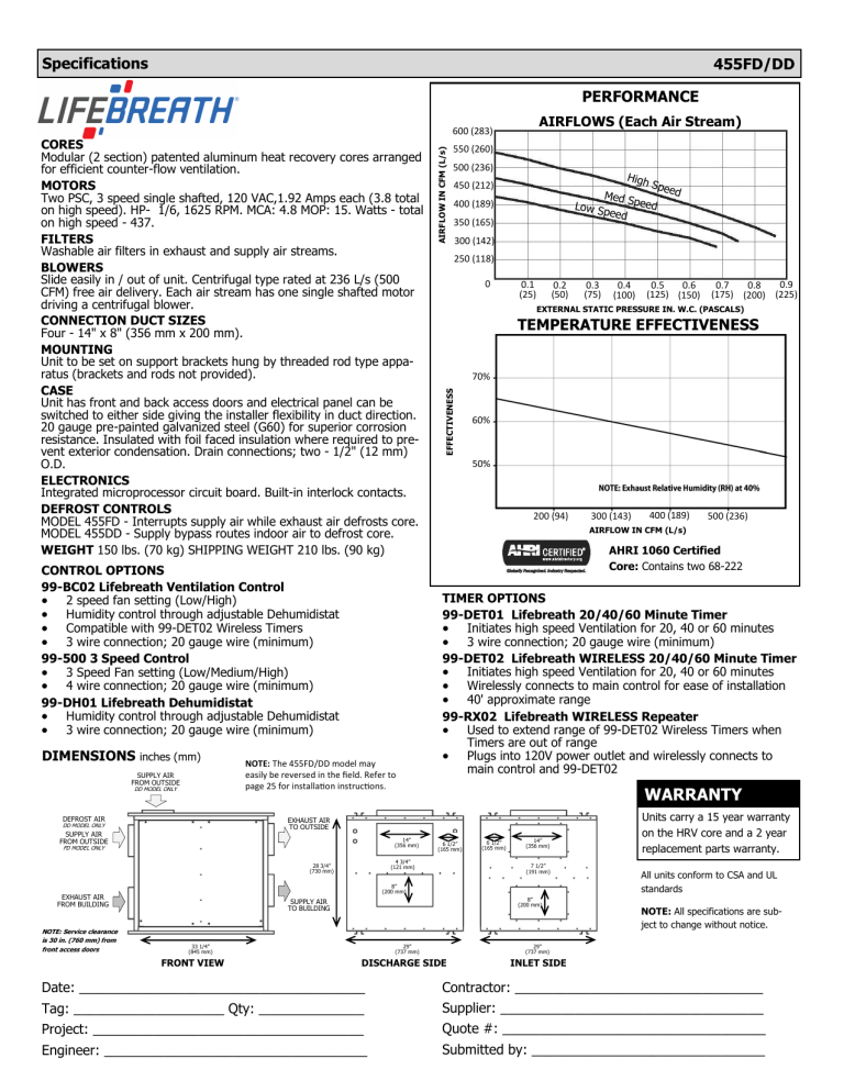 Lifebreath 455FD, 455DD Specification Manualzz