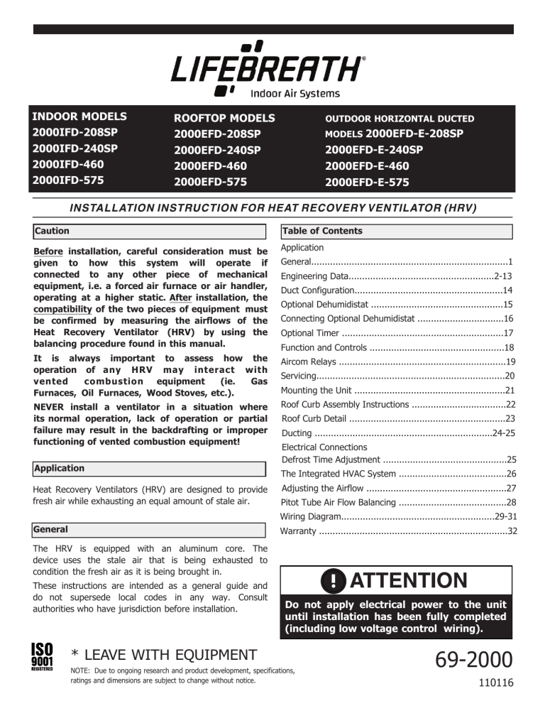 Lifebreath 2000IFD, 2000EFD Operating instructions Manualzz