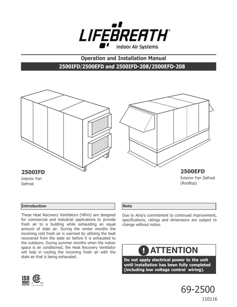 Lifebreath 2500IFD, 2500EFD Operating instructions Manualzz