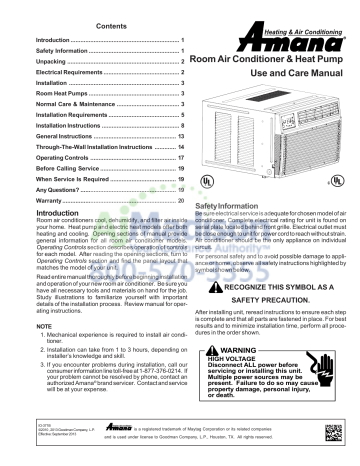Amana Ae093g35ax 9 000 Btu Room Air Conditioner Owner S Manual Manualzz