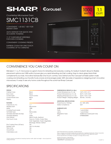 Sharp SMC1131CB 1.1 Countertop Microwave Spec Sheet | Manualzz