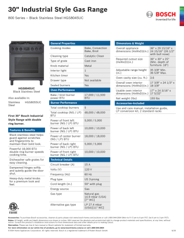 Bosch HGS8045UC Gas Range Specification Sheet | Manualzz