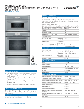 Thermador MEDMCW31WS Microwave Combination Oven Specification Sheet | Manualzz
