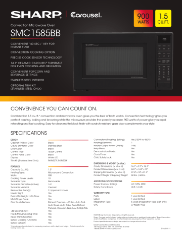 Sharp SMC1585BB Countertop Microwave Specification Sheet | Manualzz