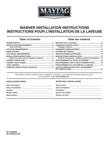 Maytag MVWP575GW Top Load Washer Installation Guide | Manualzz