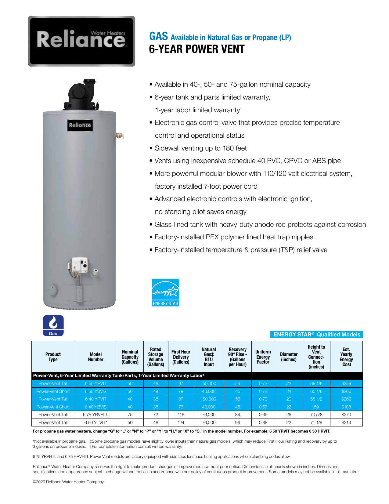 Reliance 650YRVIT Water Heater Specification Sheet | Manualzz