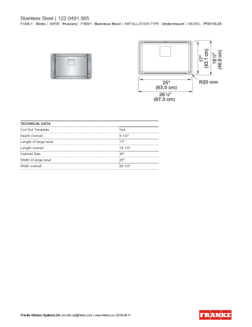 Franke PTX110-25 Kitchen Sink Specification Sheet | Manualzz