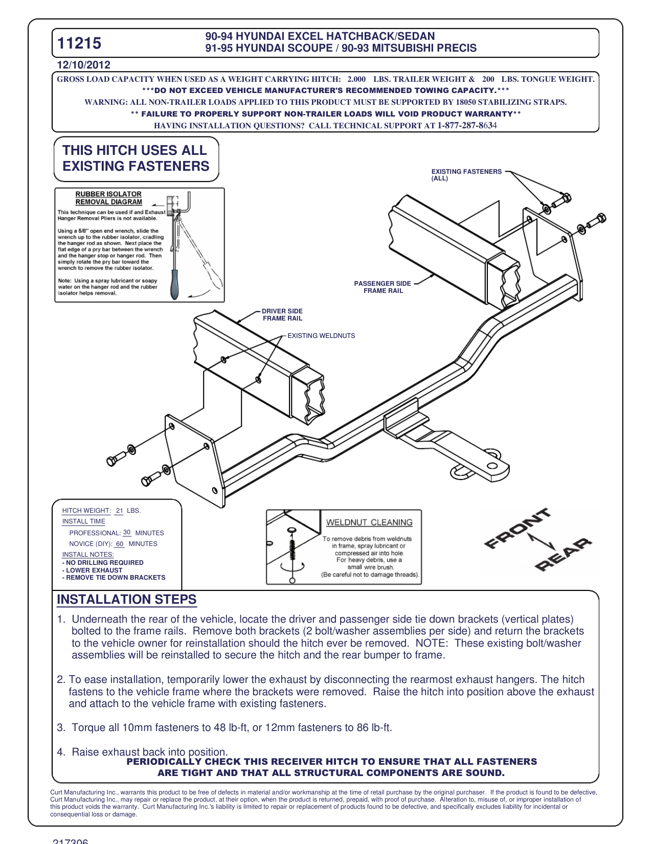 CURT 11215 Series# 11215 Class 1 Pin & Clip Trailer Hitch