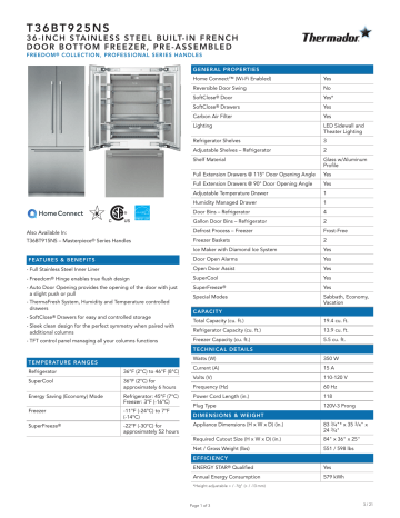 Thermador T36bt925ns Built-in French Door Bottom Freezer Specification 