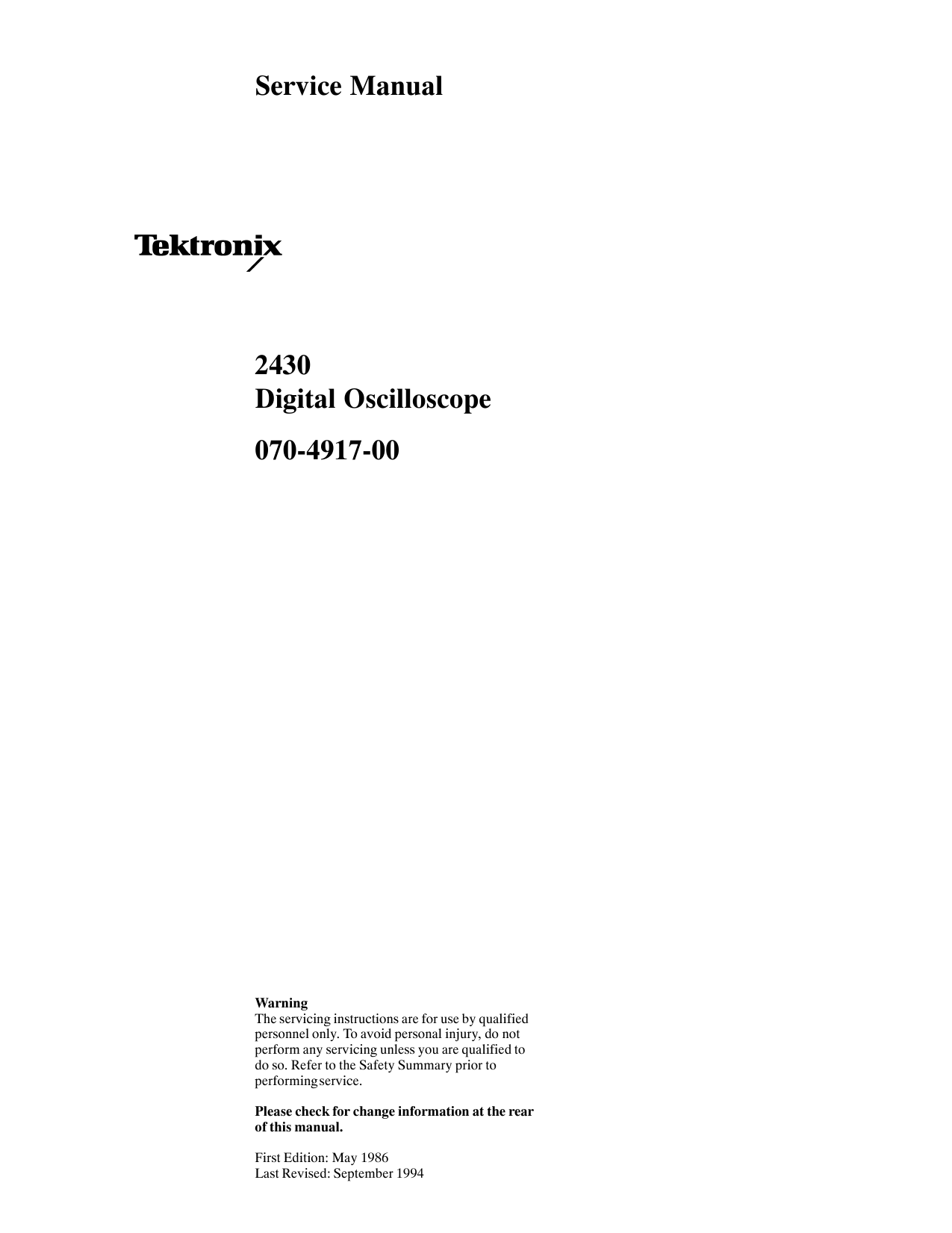 Tektronix 2430 070-4917-00 Digital Oscilloscope Service Manual 