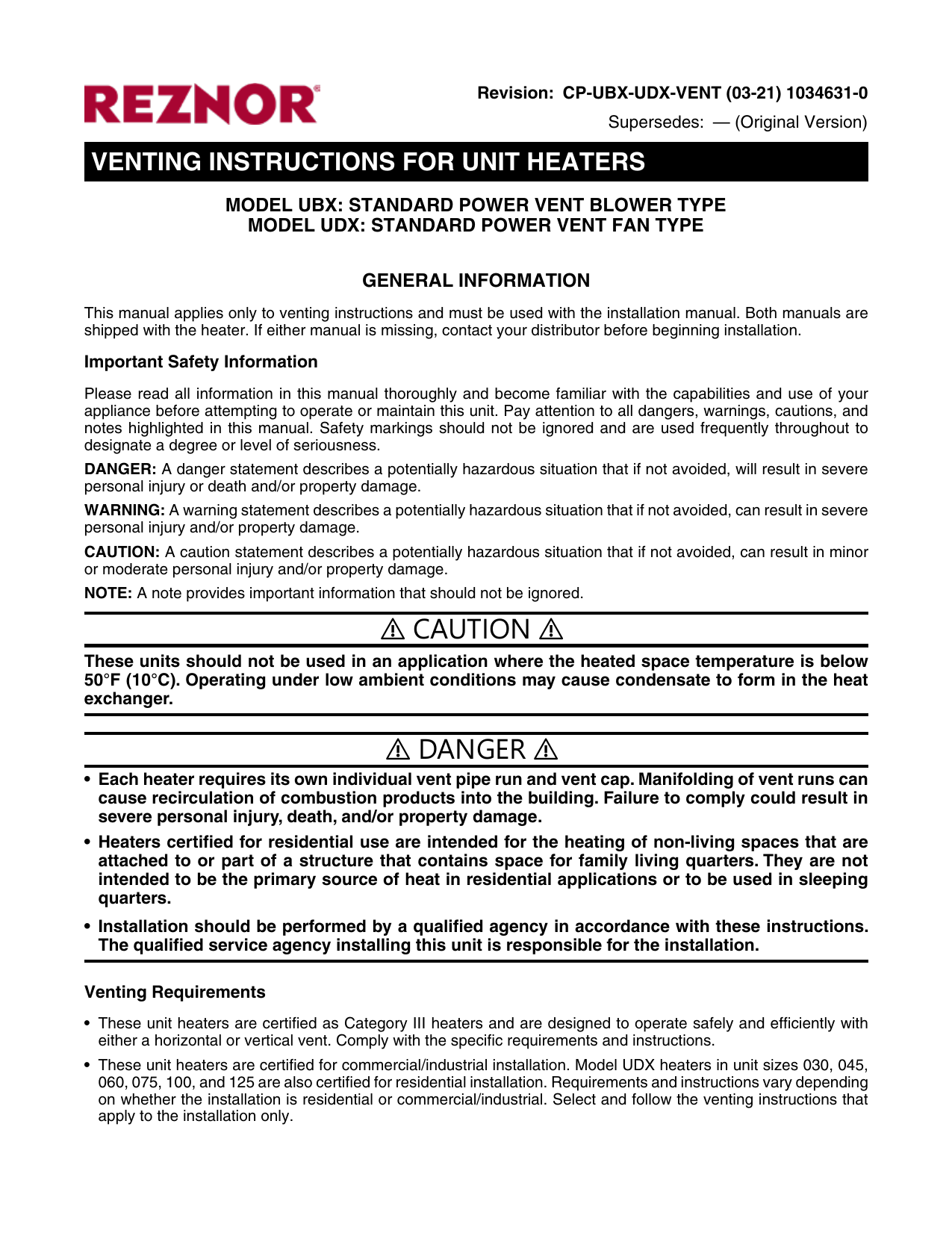Reznor UDX Installation Instruction | Manualzz