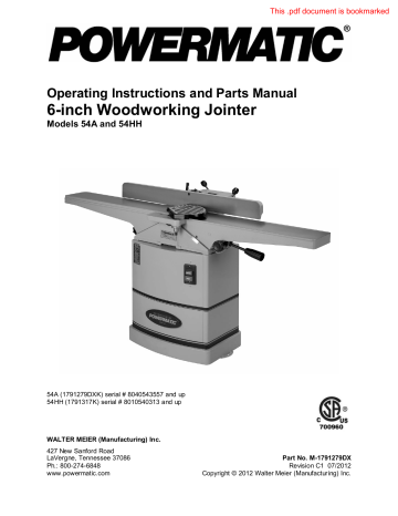 Powermatic 54HH Jointer, 1HP 1PH 115/230V Manual | Manualzz