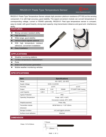 Rika RK220-01 Paste Type Temperature Sensor for Solar PV Module Spec ...