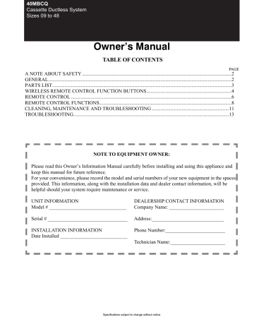 Bryant 40MBCQ Preferred™ Cassette Indoor Unit Owner's Manual | Manualzz