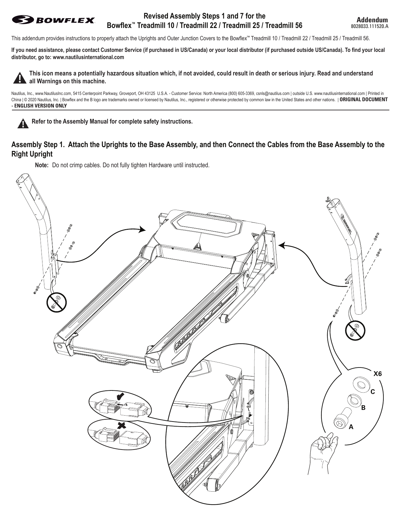 Bowflex bxt6 best sale treadmill assembly