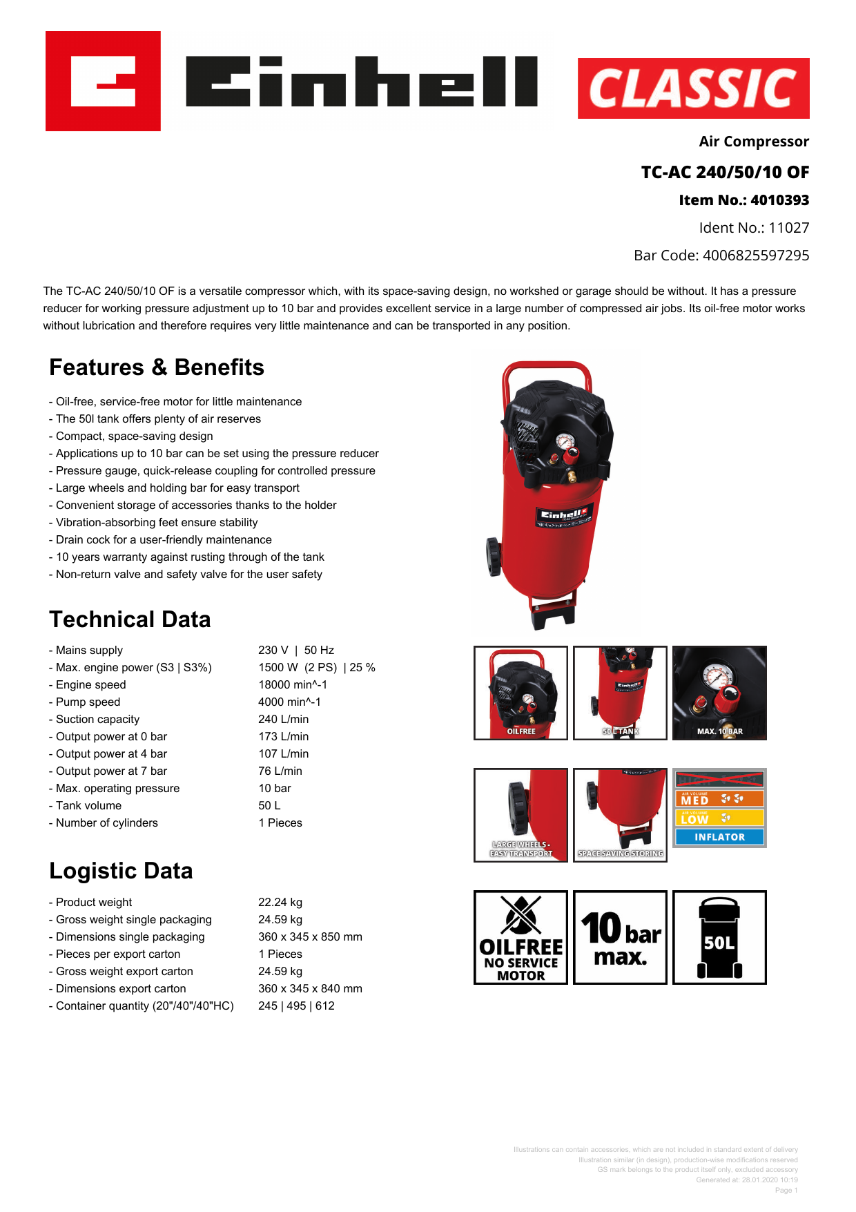 Einhell TC-AC 240/50/10 OF Air Compressor Product sheet | Manualzz