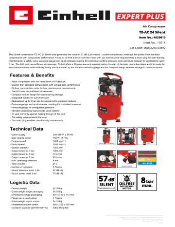 Einhell TE-AC 24 Silent Air Compressor Product sheet