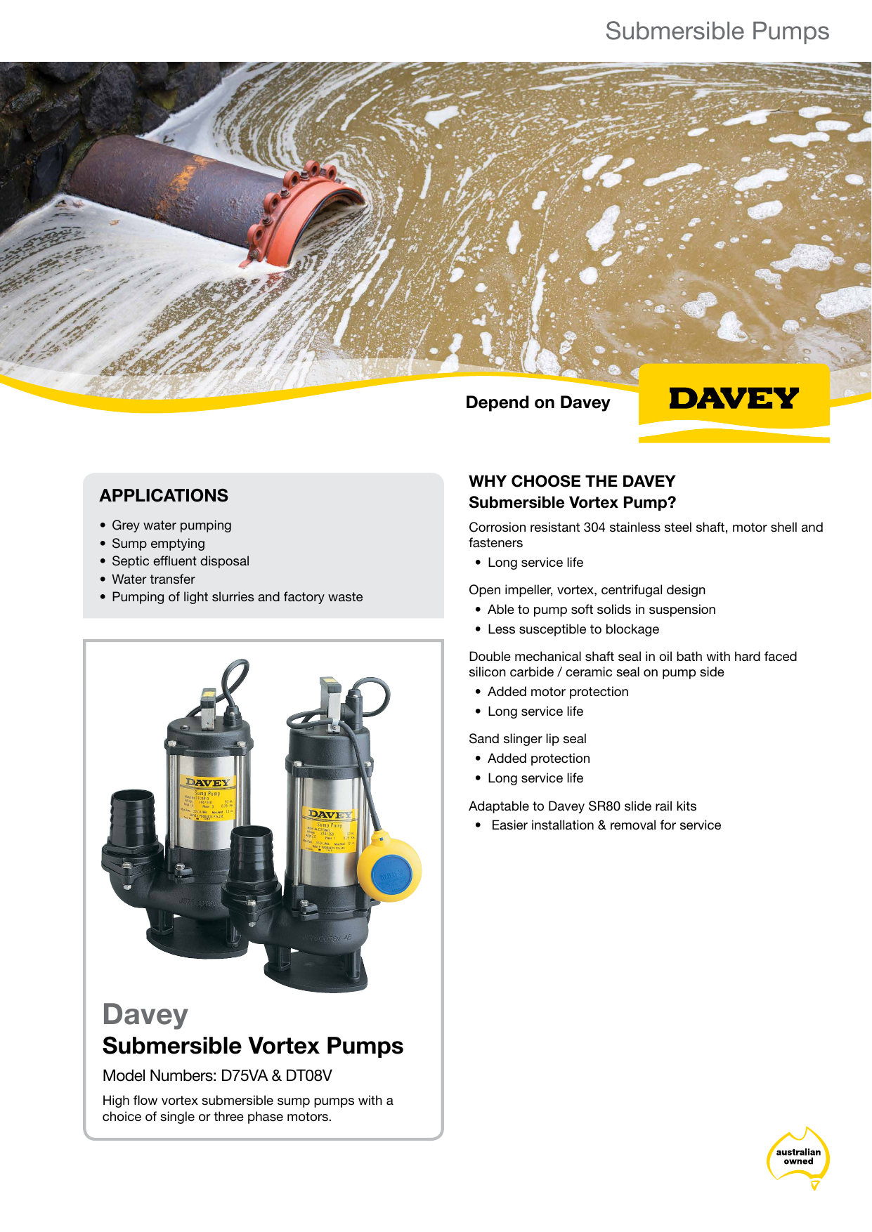 SUBMERSIBLE SEWAGE PUMPS Model Numbers Davey Pumps, 49 OFF