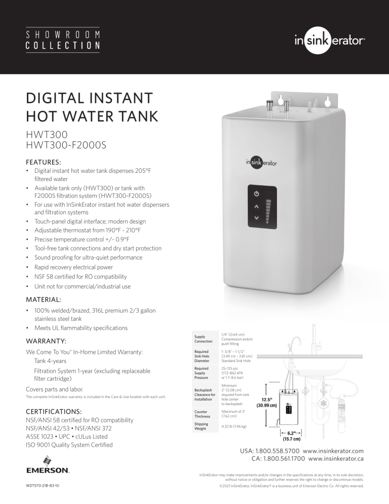 InSinkErator Digital Instant Hot Water Tank Datasheet | Manualzz