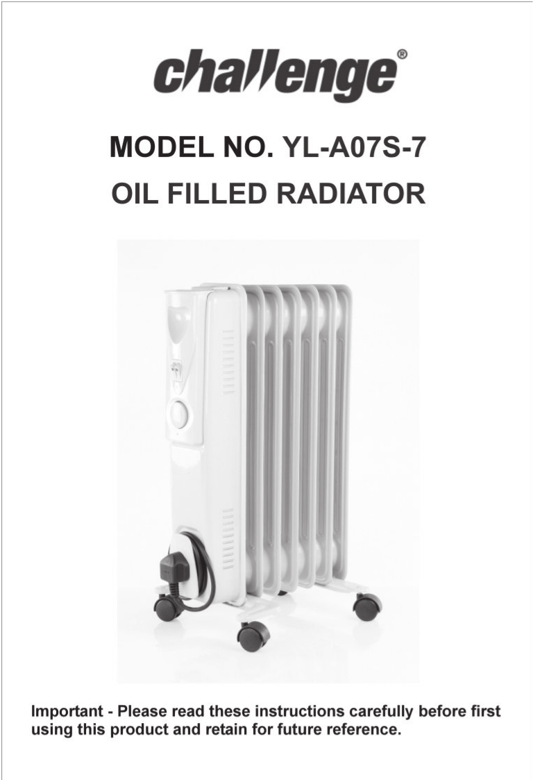 Challenge YL-A07S-7 1.5KW Oil Filled Radiator Instruction Manual | Manualzz